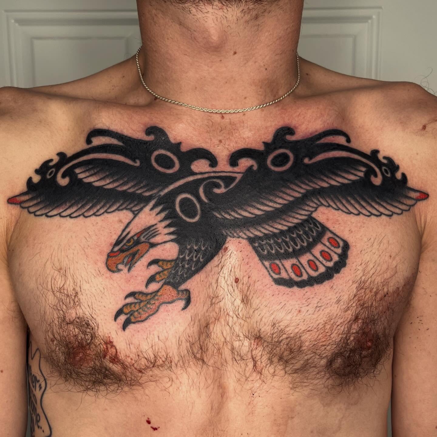 Eagle American traditional tattoo on the chest by Nicole💀, Salt Lake City, Utah