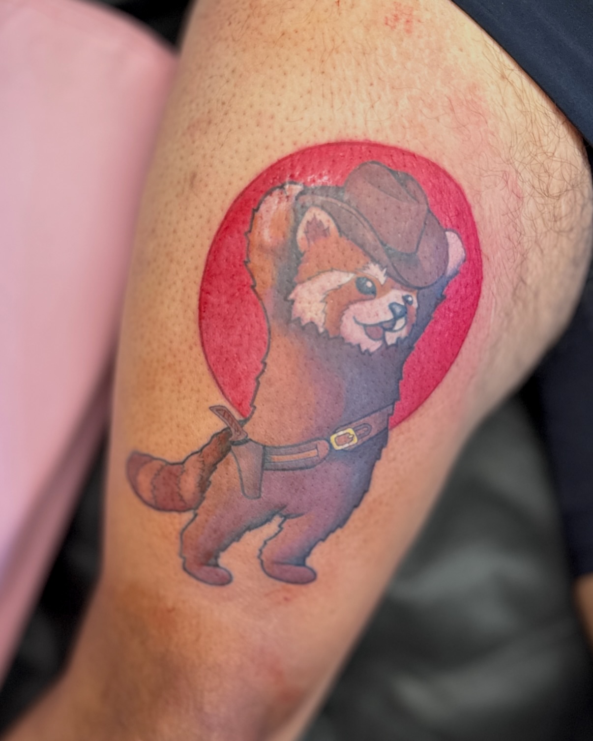 Red panda cowboy watercolor tattoo on the thigh by Sophie ✨ Nashville Tattoo Artist ✨