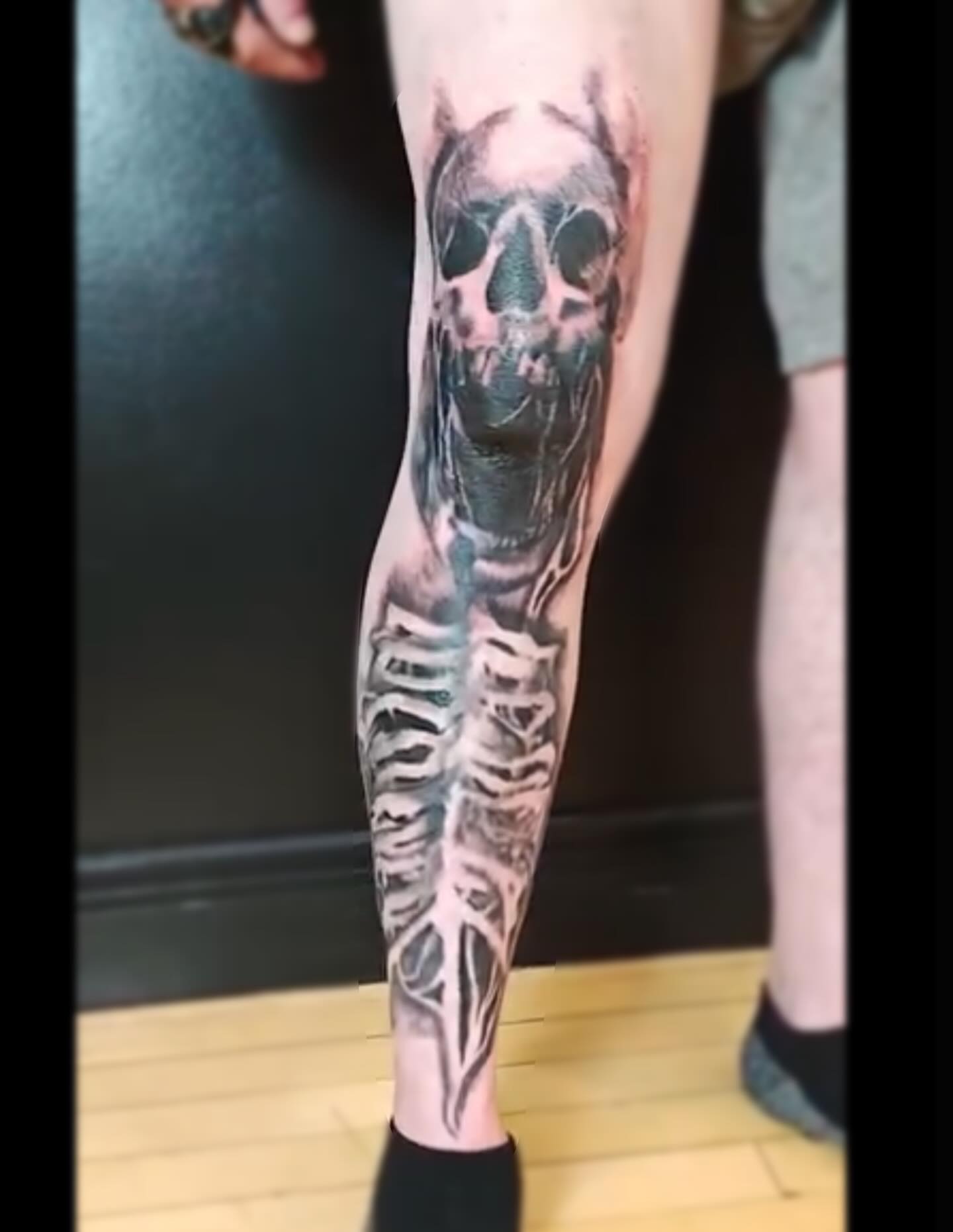 Skull realism tattoo on the calf by Sebastiana
