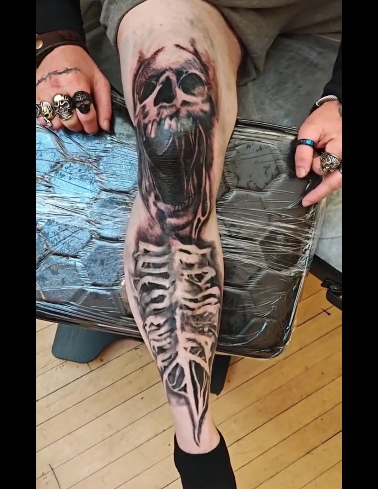 Skull and ribcage realism tattoo on the forearm by Sebastiana