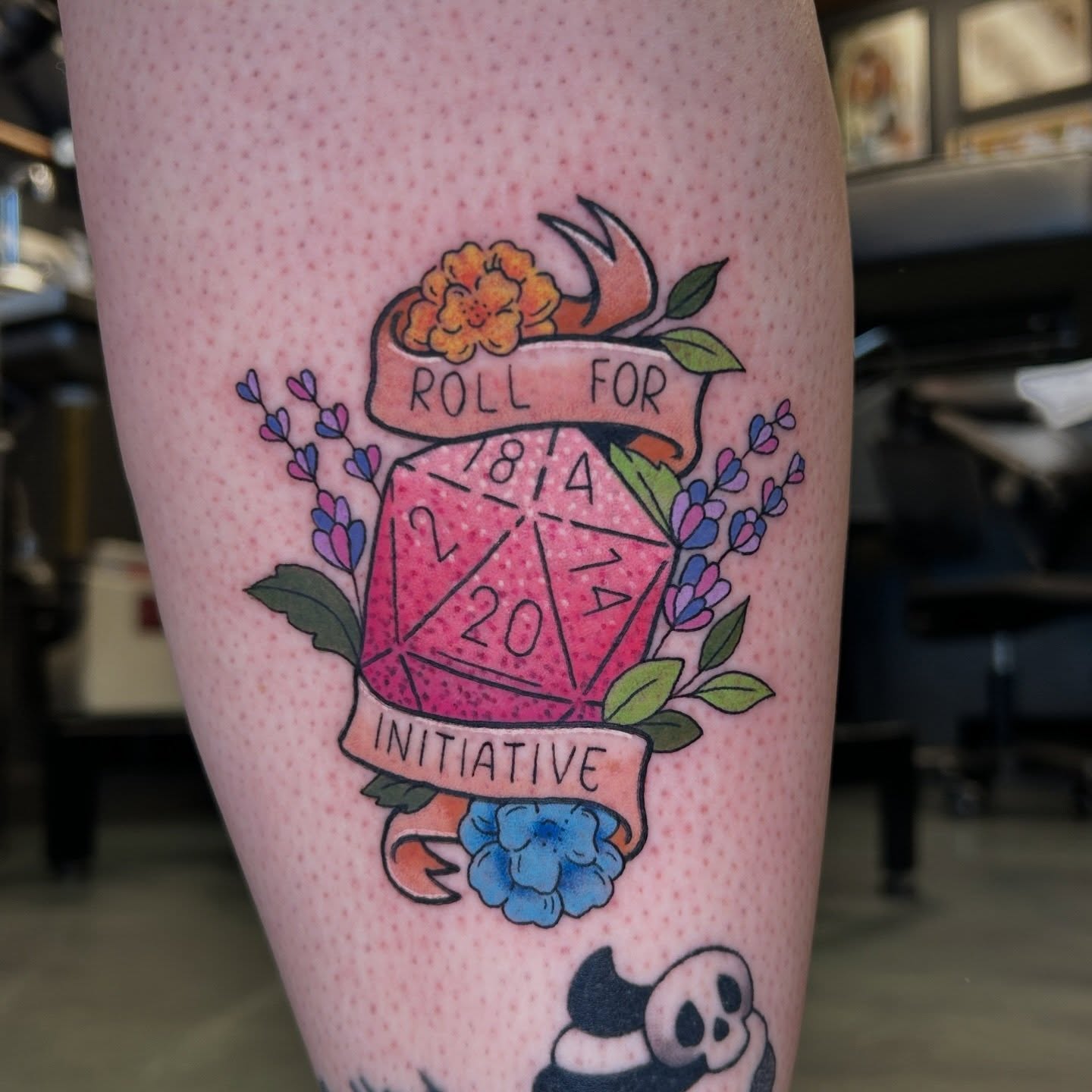 D20 initiative roll dotwork tattoo on the forearm by Mickey
