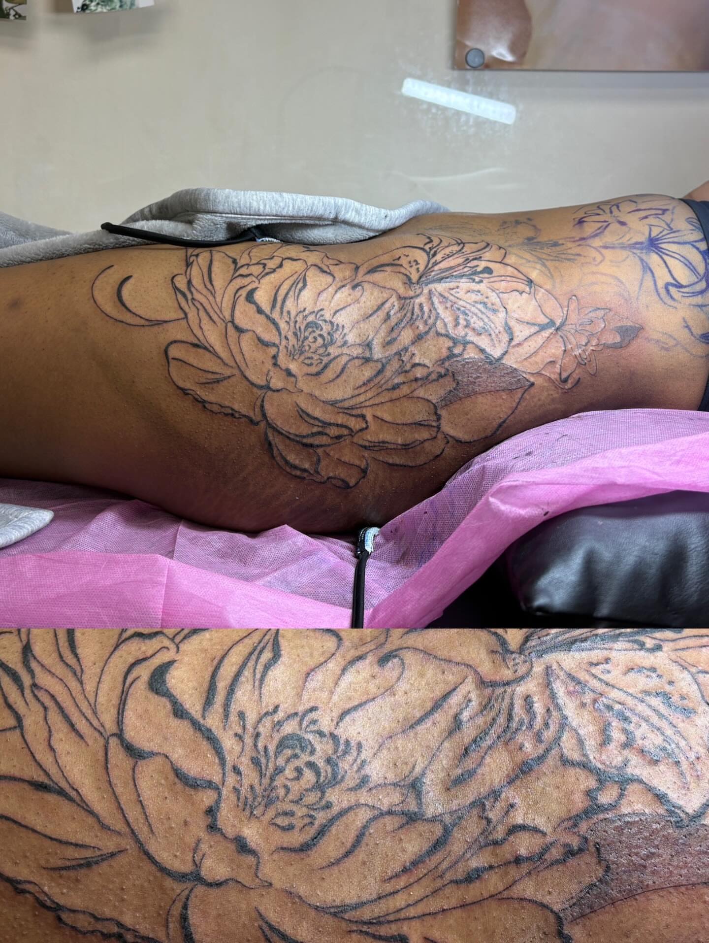 Peony black and grey tattoo on the leg by *:・kelly✧*:・゚
