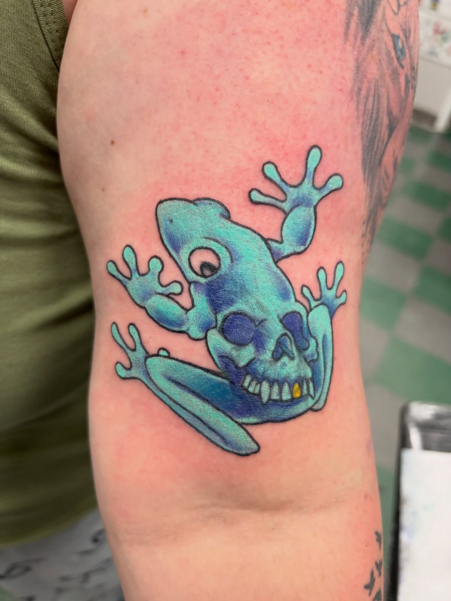 Frog skull new school tattoo on the forearm by Noah Blum