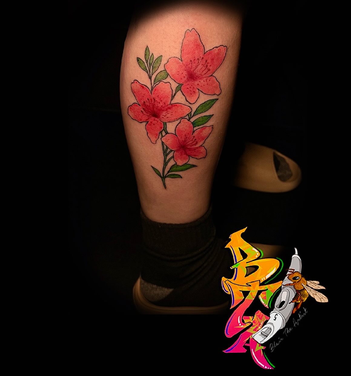 Red flowers new school tattoo on the calf by Blair The Artist!