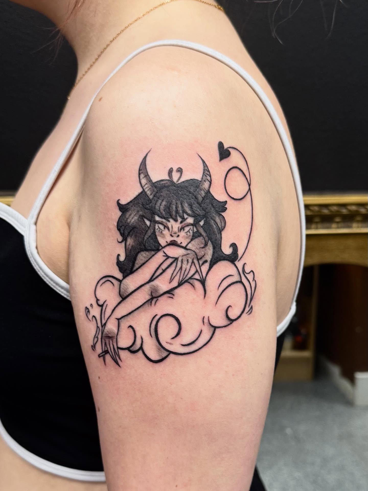 Demon girl anime tattoo on the shoulder by Ren Miljus