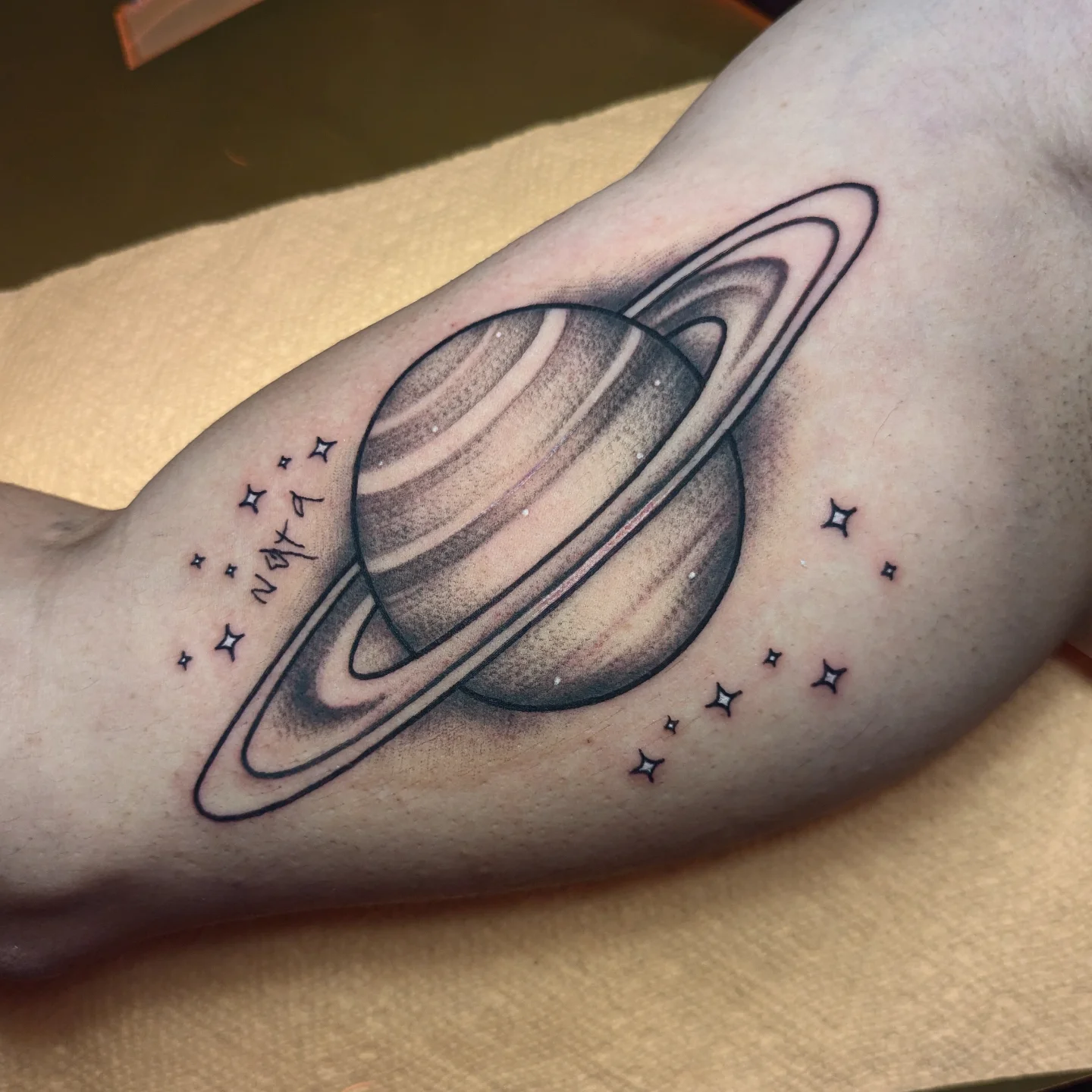 Saturn black and grey tattoo on the forearm by 𝐈𝐚𝐧 𝐒𝐞𝐭𝐡 🕷️ Austin