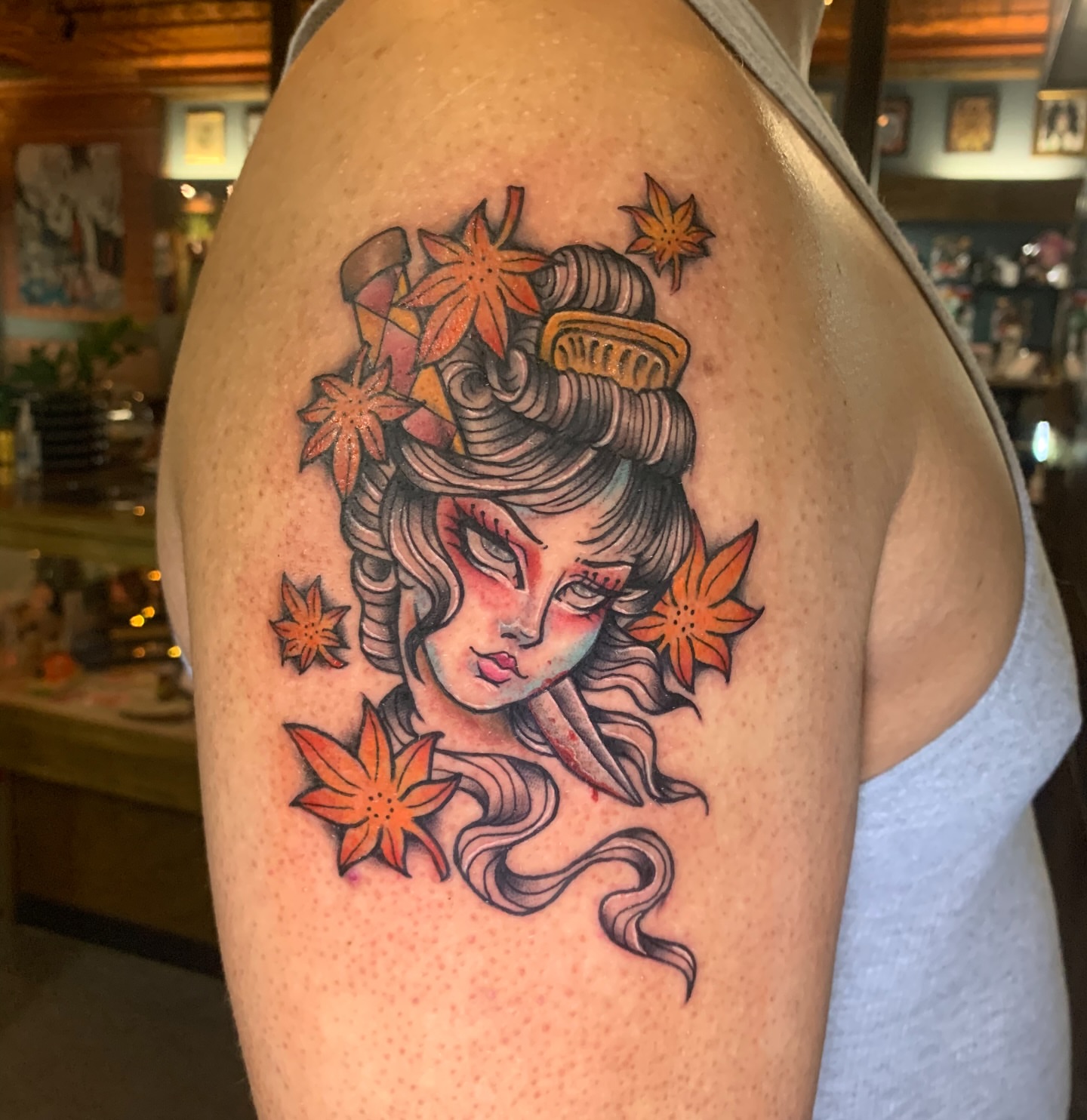 Geisha japanese irezumi tattoo on the shoulder by Aubrianna Grisez