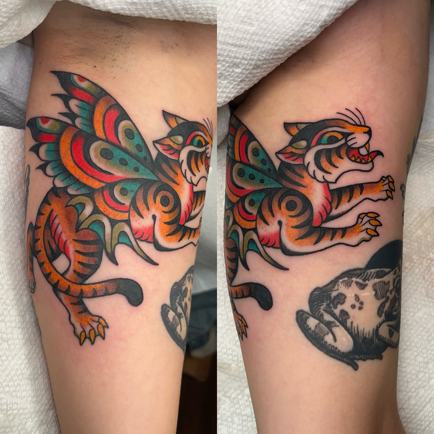 Winged tiger American traditional tattoo on the thigh by Nat Power