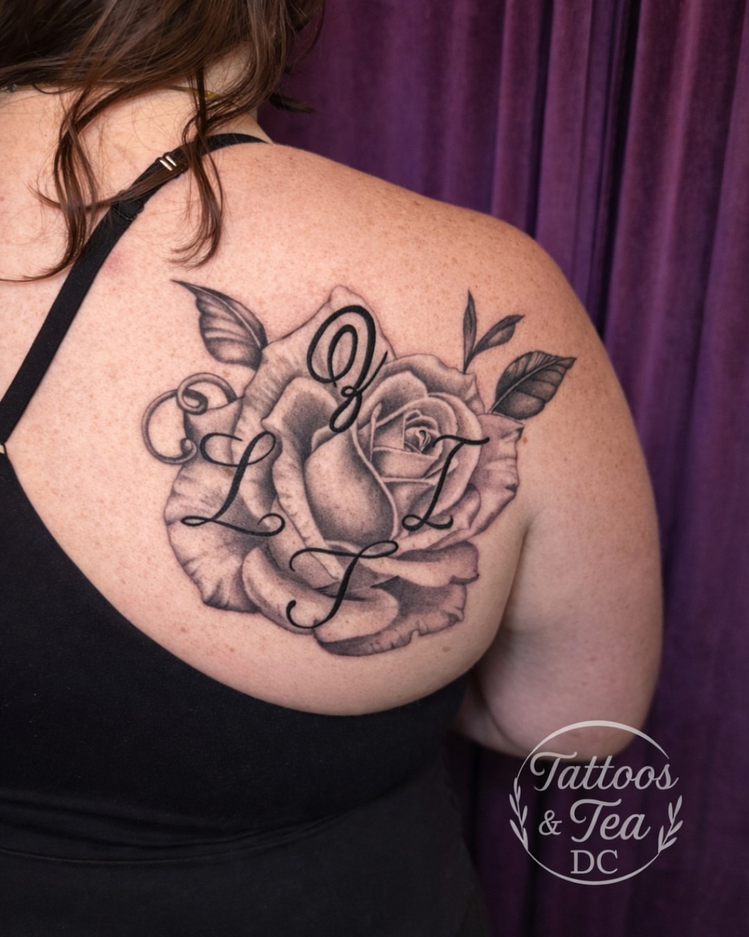 Rose with monogram realism tattoo on the shoulder by Tattoos & Tea DC, Arlington, Virginia