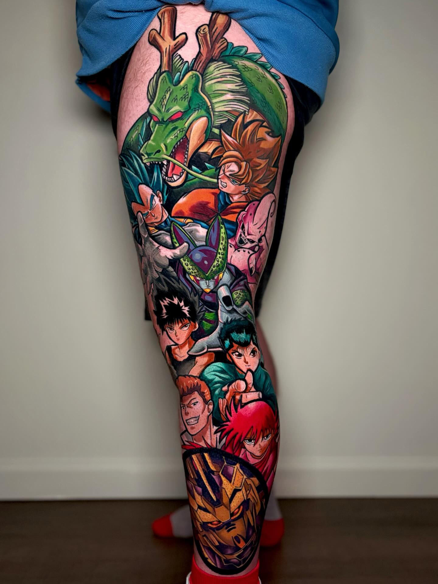 Anime characters anime tattoo on the thigh by Jess