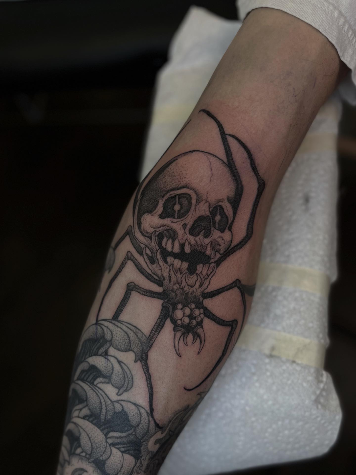 Skull spider realism tattoo on the forearm by ✣ Liz Karn ✣