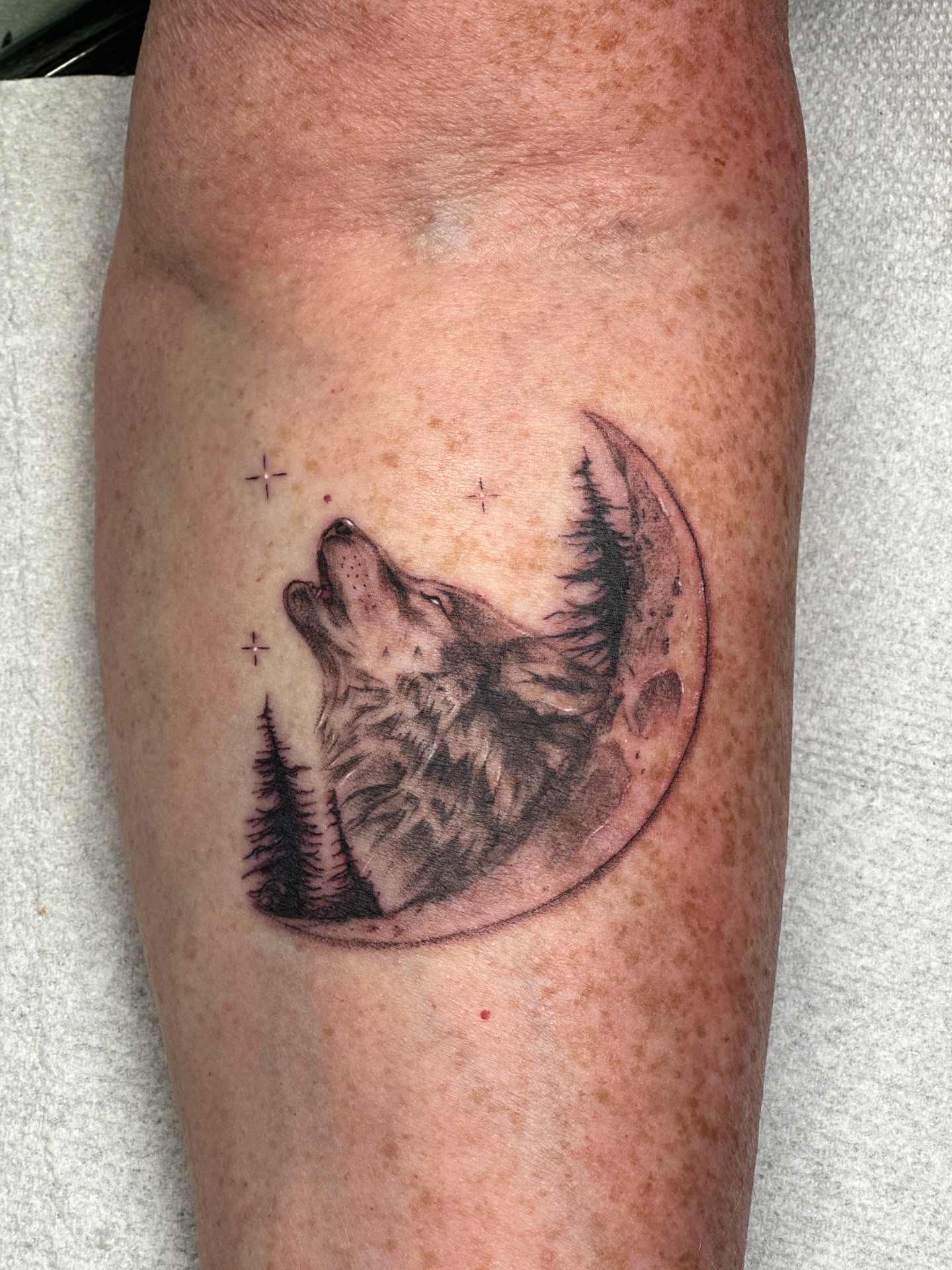 Wolf howling at moon realism tattoo on the forearm by Nashville Tattoo Artist - Nicolette Madlyne