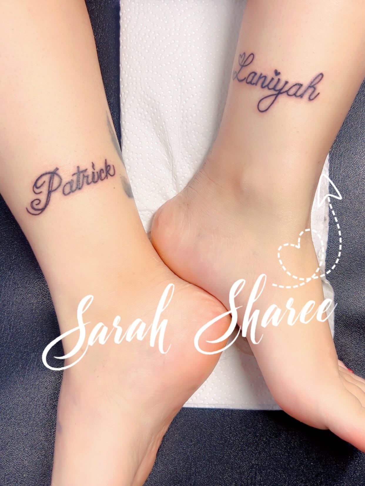 Names lettering script tattoo on the foot by Sarah Sharee💃🏽