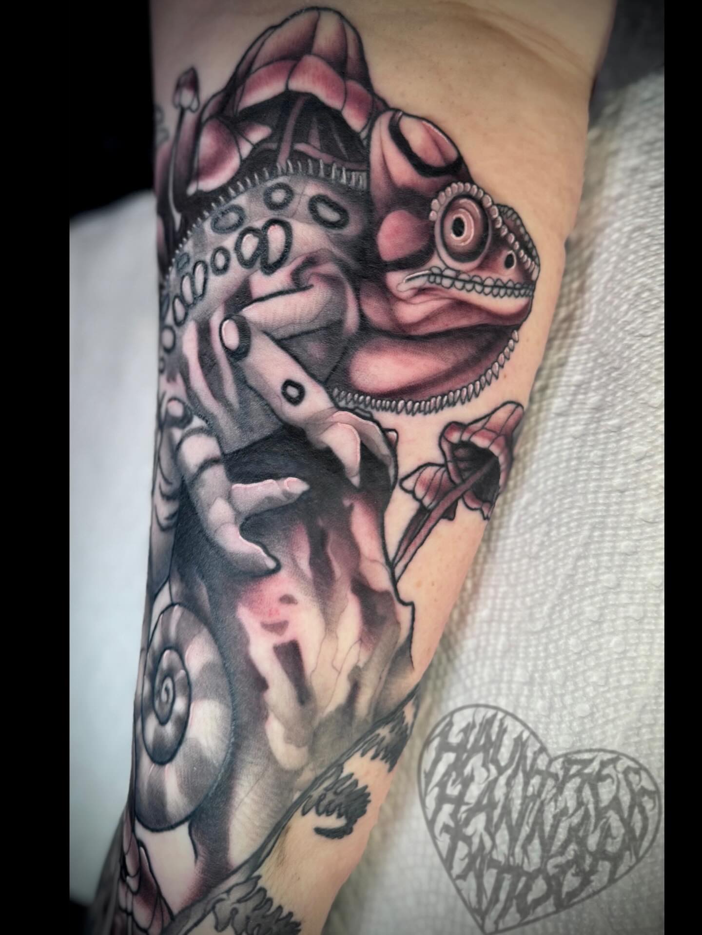 Chameleon realism tattoo on the forearm by Hannah Casadonti