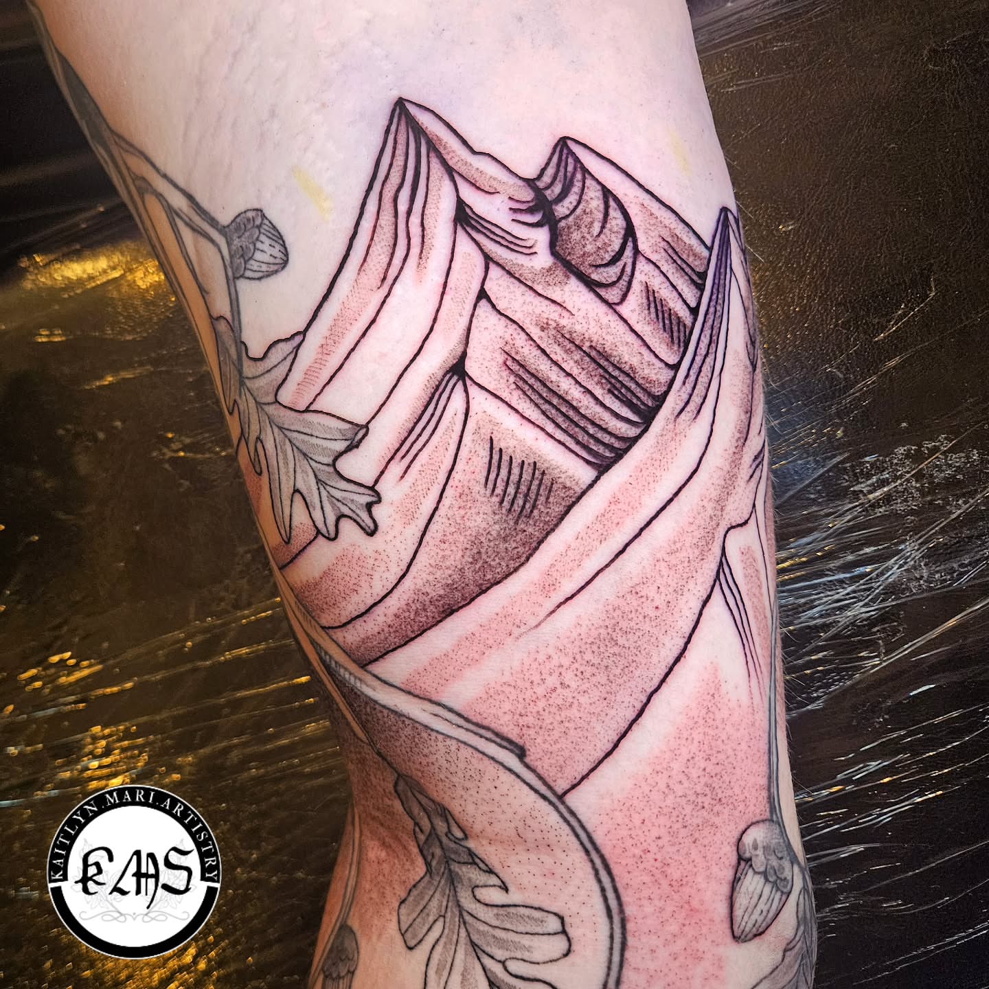 Mountain landscape dotwork tattoo on the forearm by Kaitlyn Marianna Skewes 🌙 Illustrative