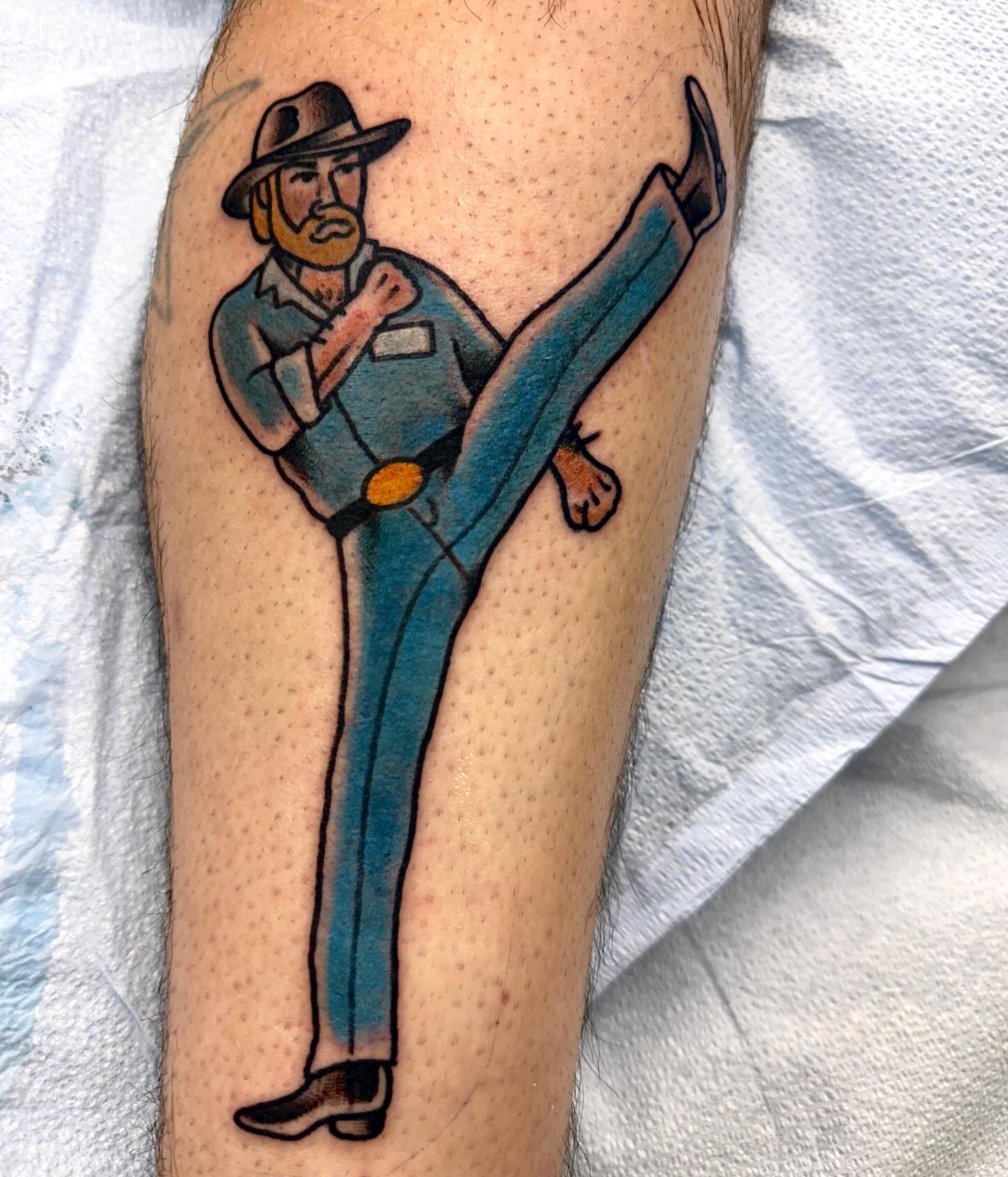 Karate pose American traditional tattoo on the leg by Fil Ponte