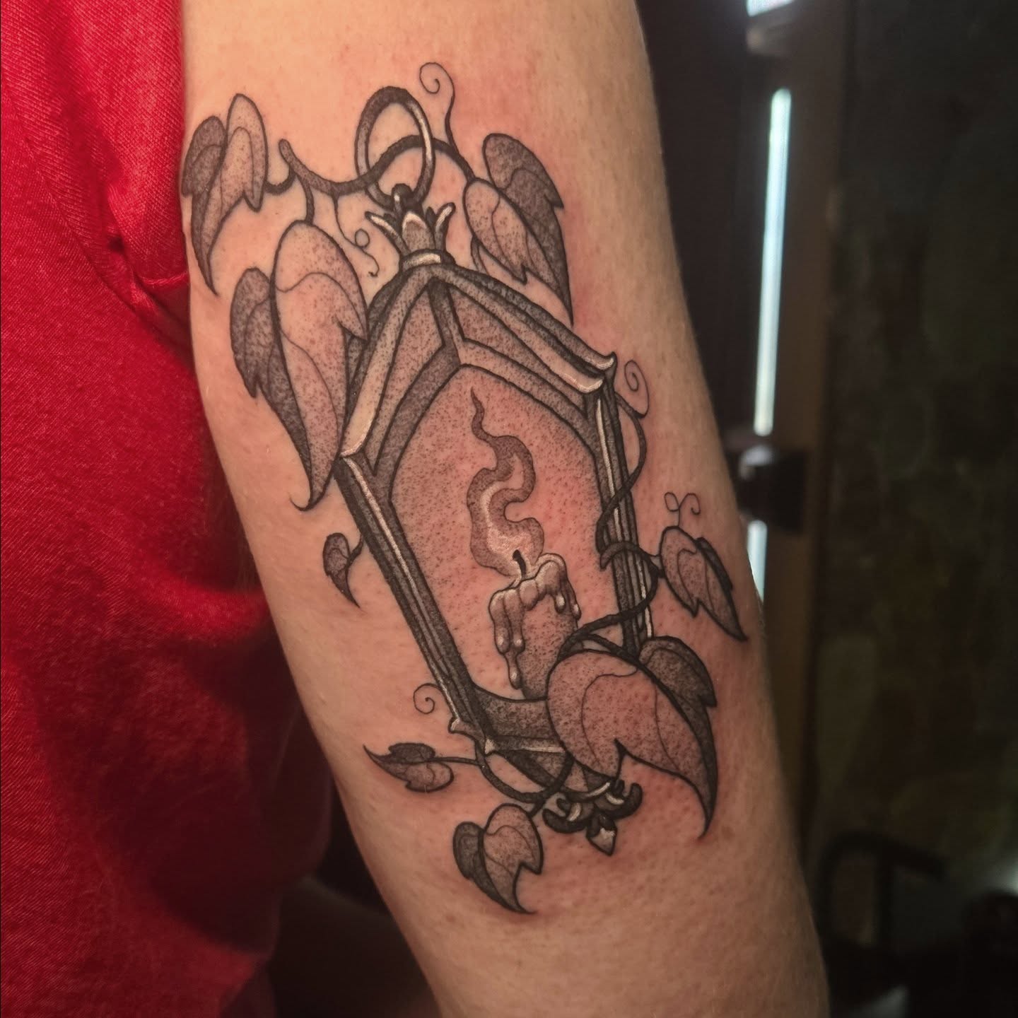 Casket with candles black and grey tattoo on the forearm by ◇  Kristyn Kay  ◇ Tattoo Warlock, Des Moines, Iowa