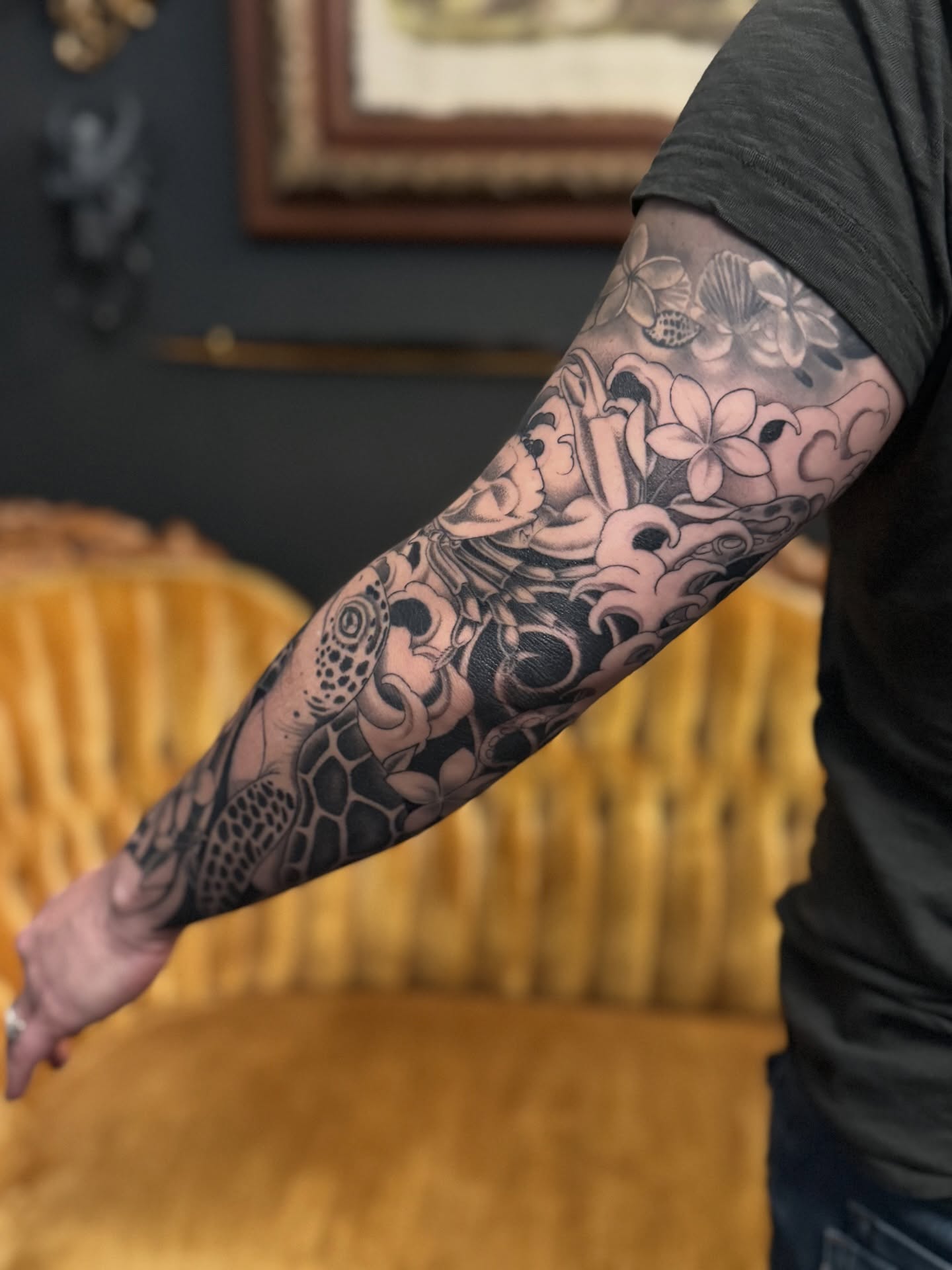 Floral and marine motifs japanese irezumi tattoo on the forearm by Virginia 🥀Neo Traditional