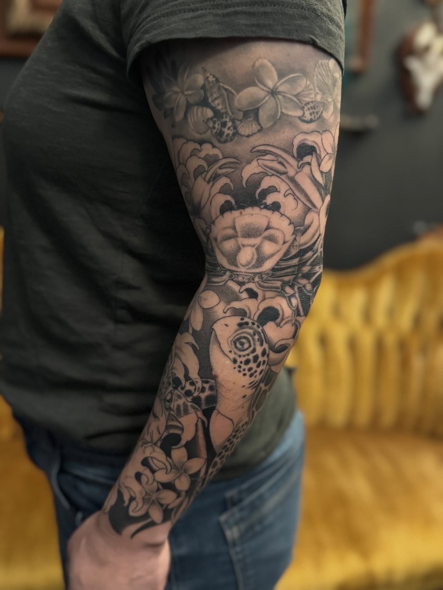 Floral and abstract dotwork tattoo on the forearm by Virginia 🥀Neo Traditional
