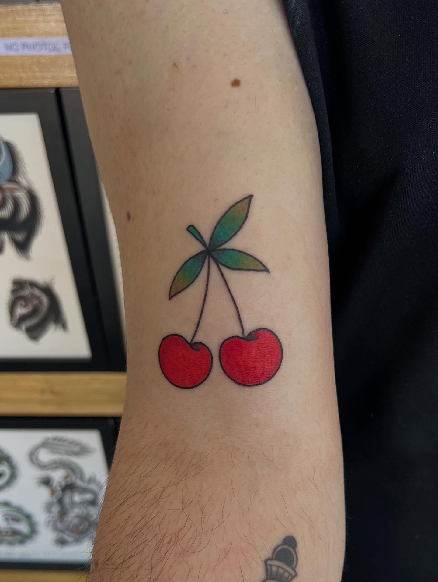 Cherry pair dotwork tattoo on the forearm by 𝖆𝖑𝖞𝖘𝖘𝖆 ☽