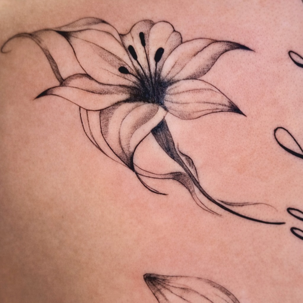 Lily black and grey tattoo on the shoulder by Kate
