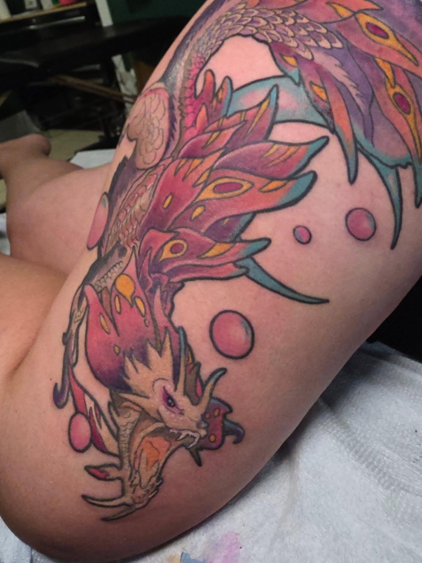 Dragon American traditional tattoo on the forearm by Kayla Williams