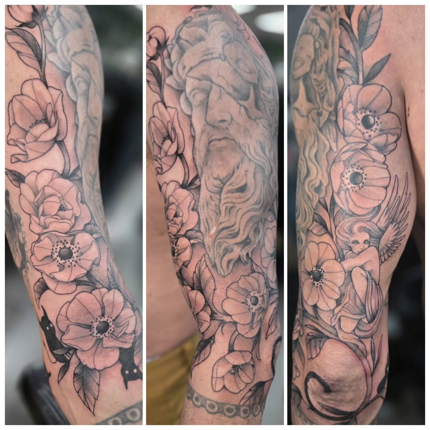 Floral and mythological realism tattoo on the forearm by Britty Love, Nashville, Tennessee