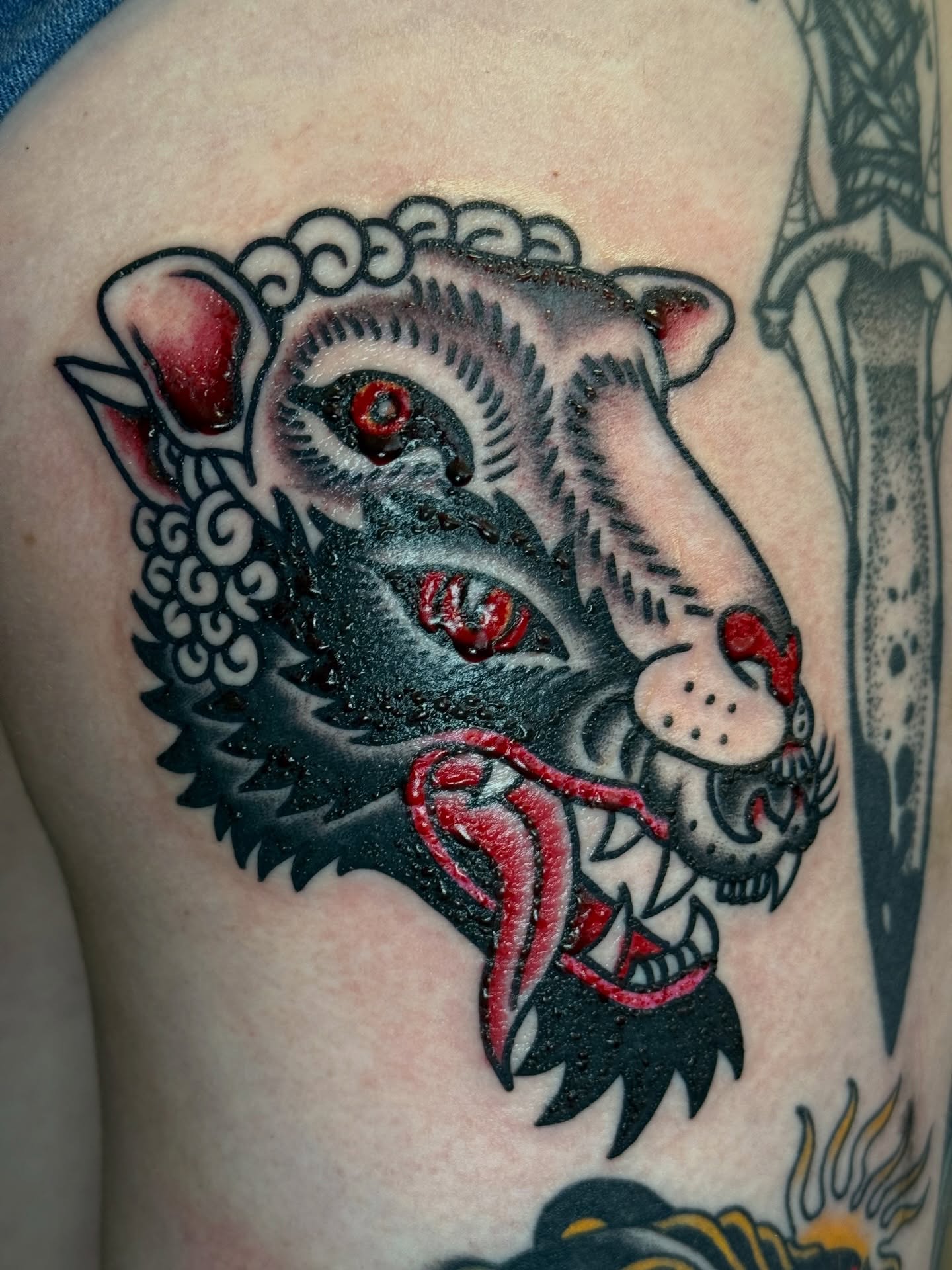Panther American traditional tattoo on the ribs by @ryanpereztattoo