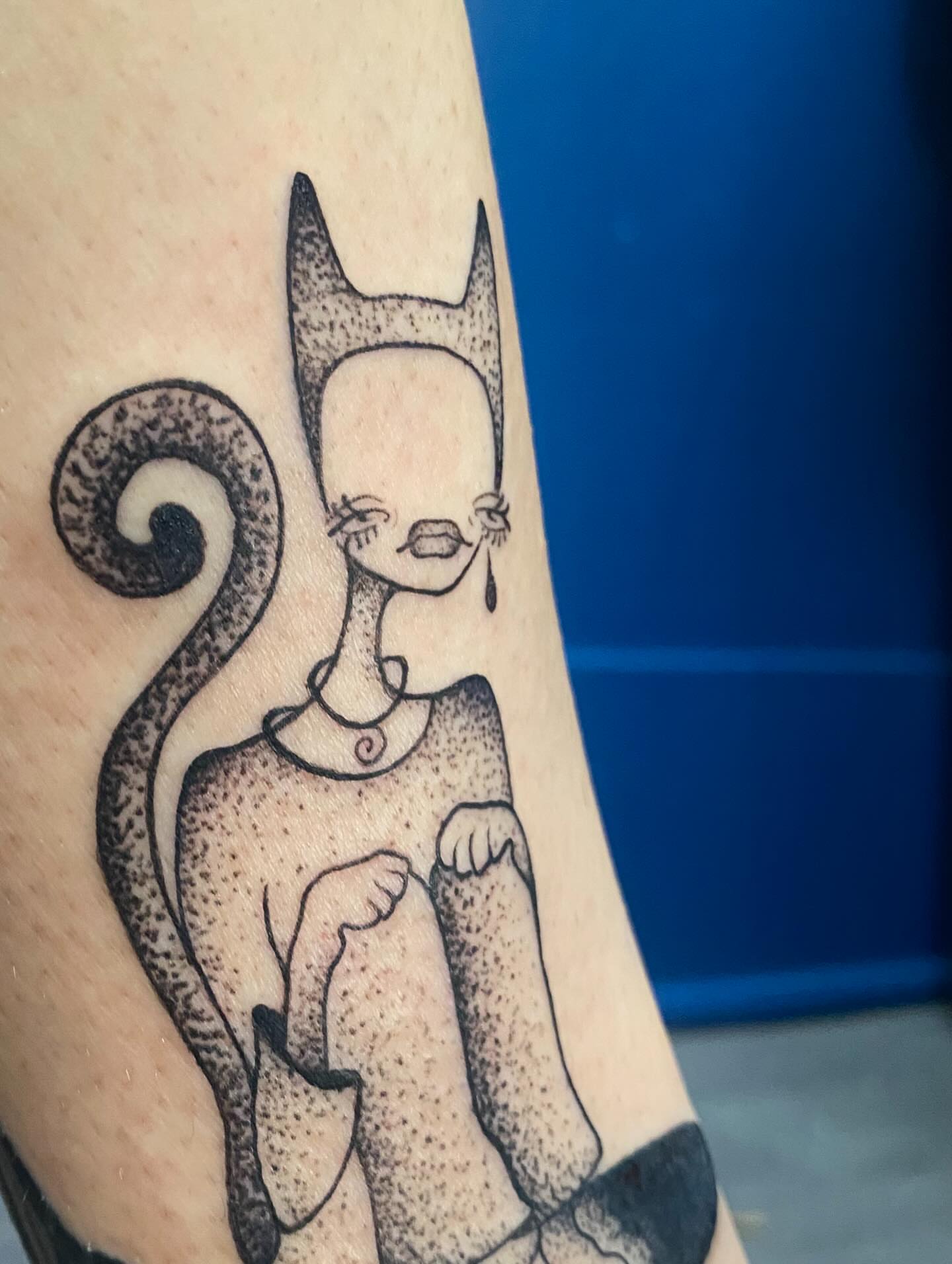 Cat dotwork tattoo on the forearm by Jesikah Rapp