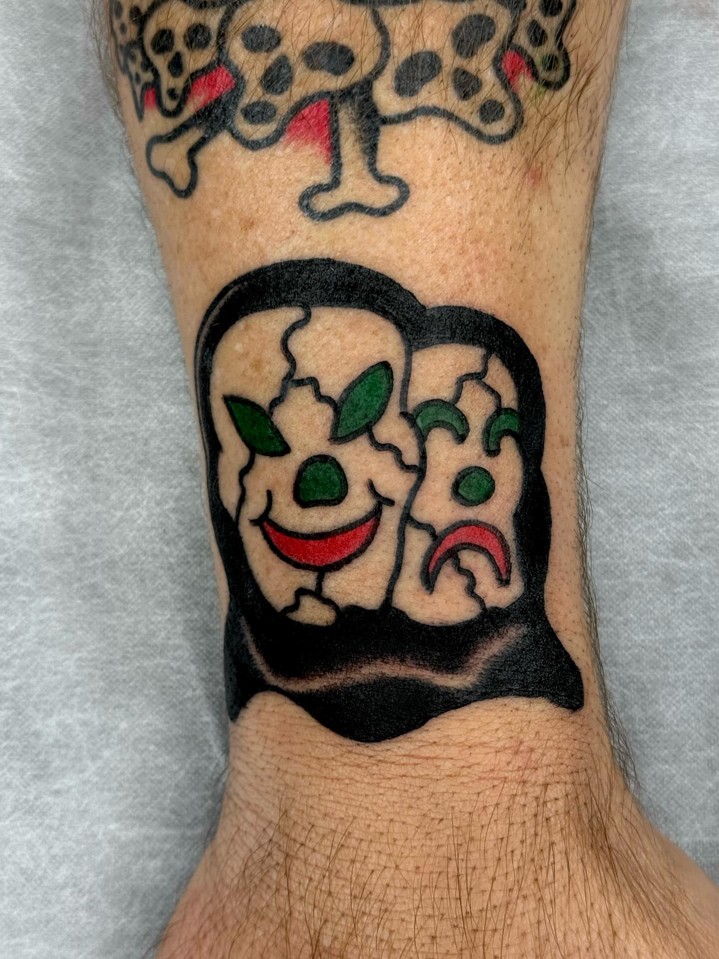 Joker faces American traditional tattoo on the forearm by JAX