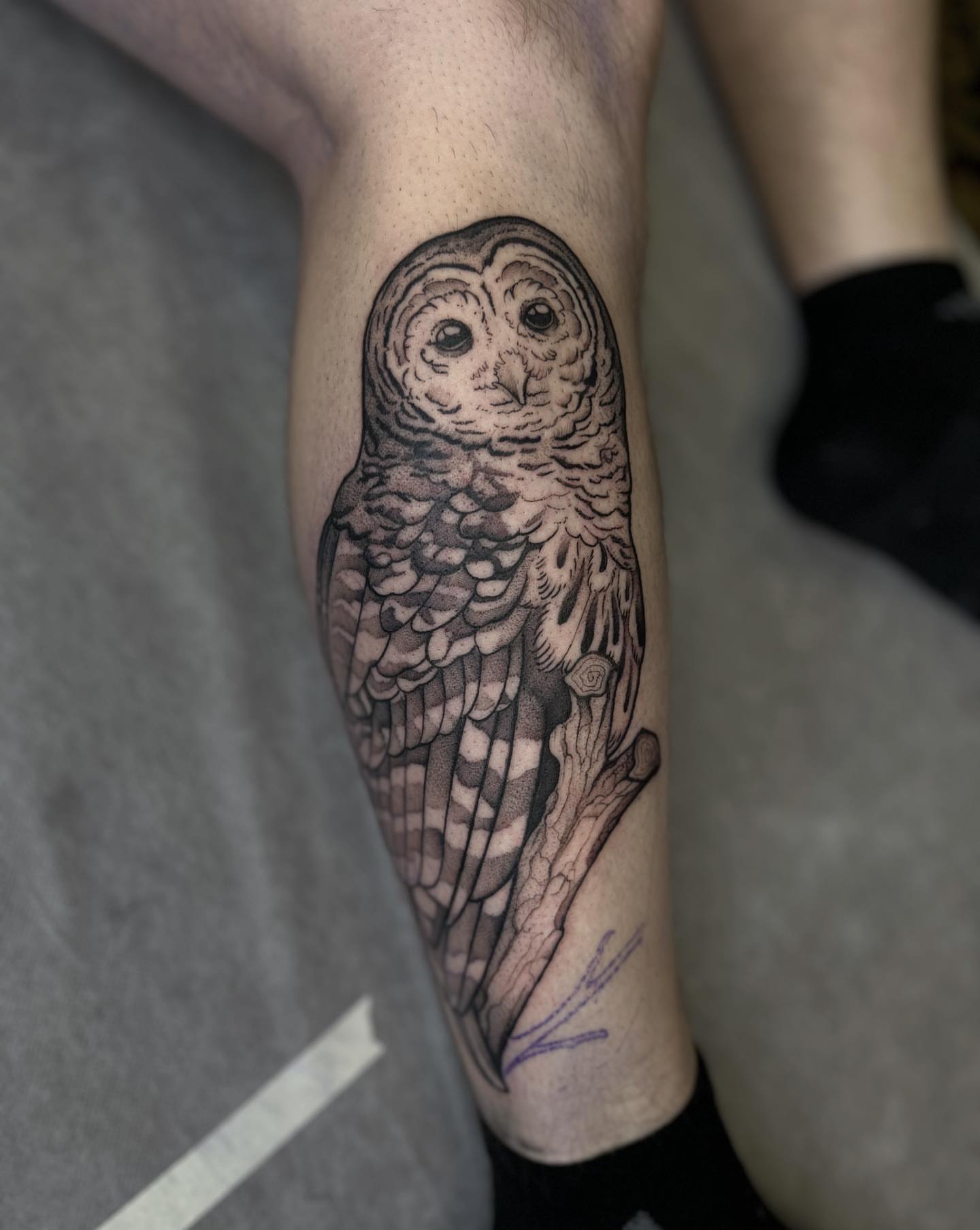 Owl black and grey tattoo on the forearm by ✣ Liz Karn ✣