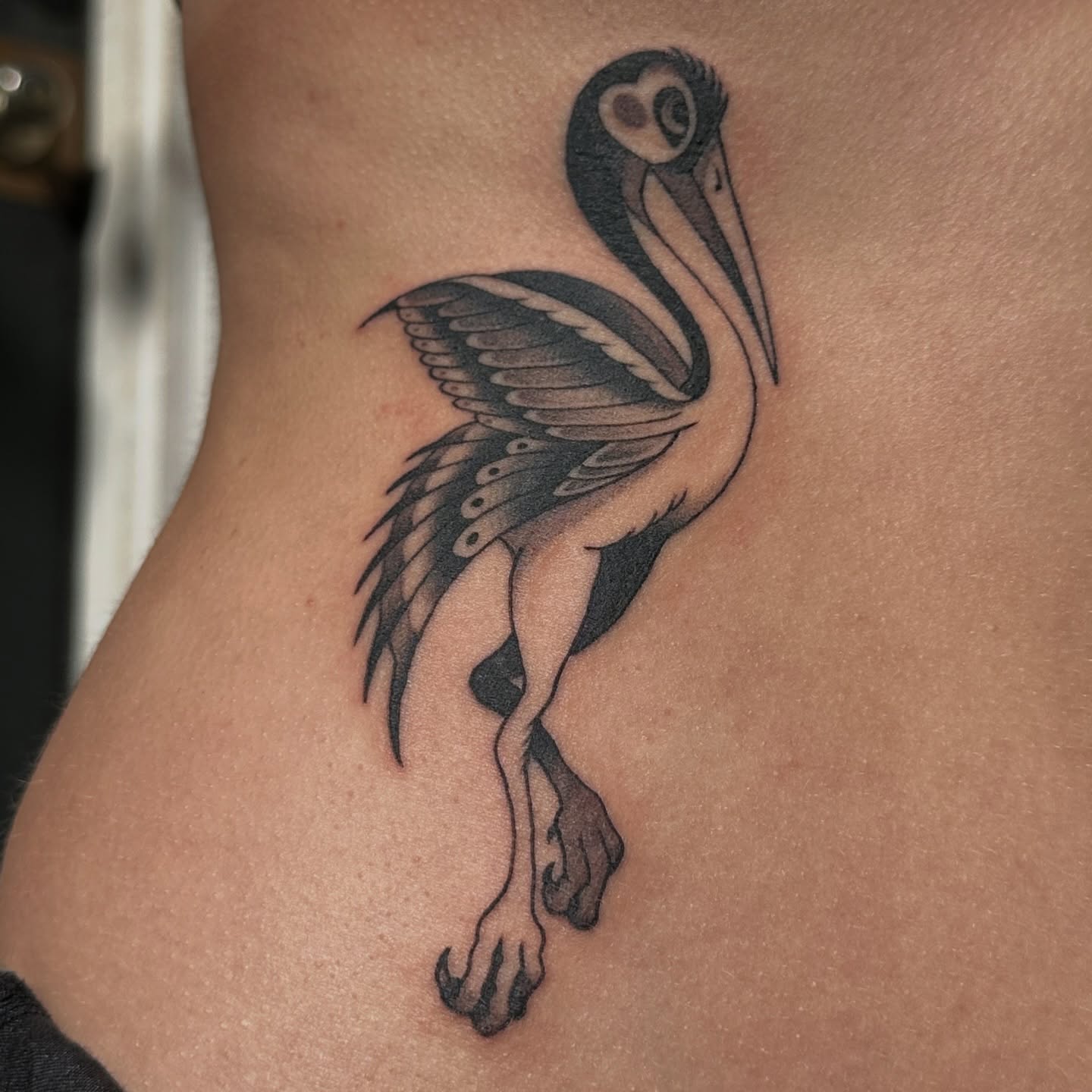 Pelican black and grey tattoo on the thigh by kira