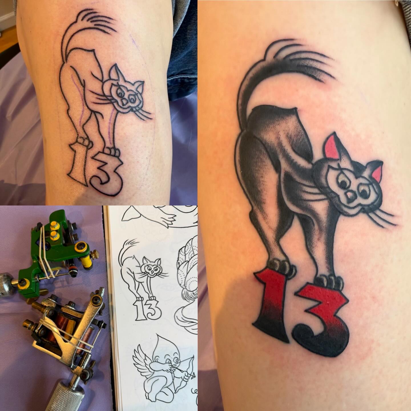 Cat and number 13 American traditional tattoo on the forearm by Mike Kepper