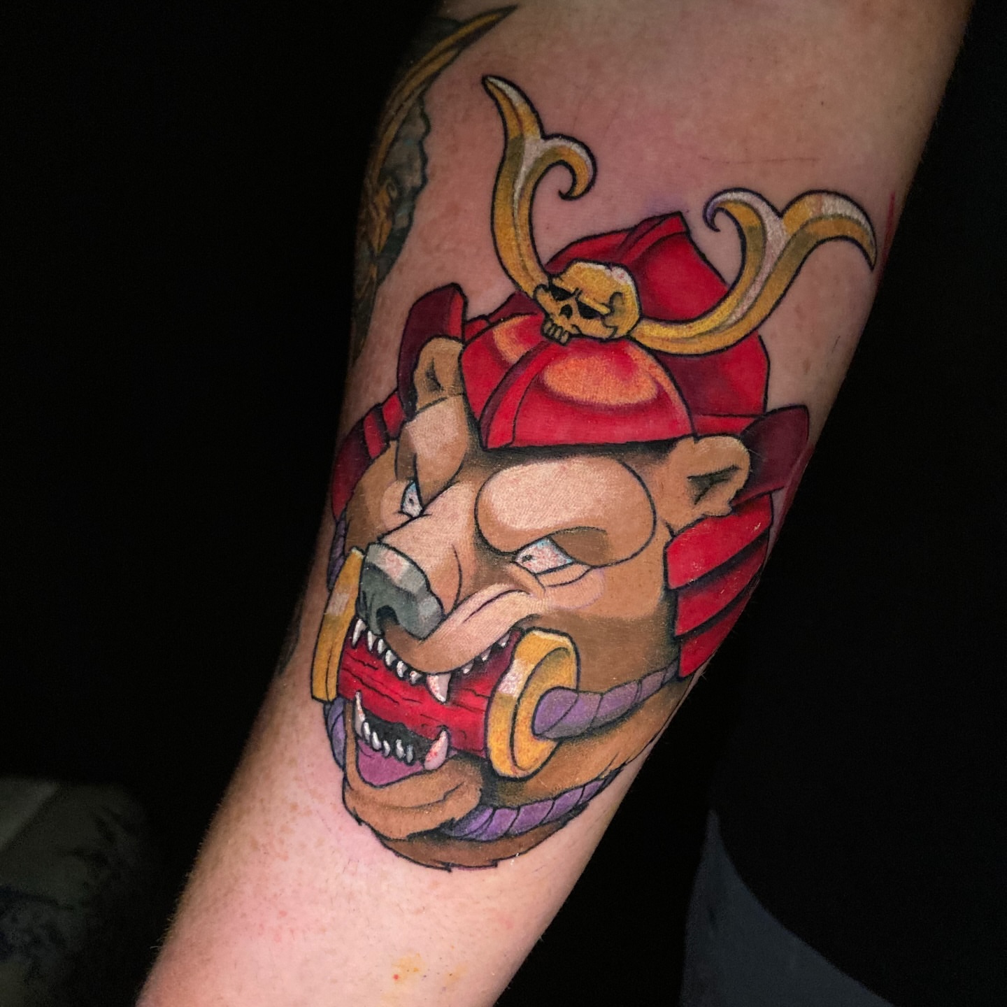 Demon mask American traditional tattoo on the forearm by Eathan Hale-(East TN) Newschool Tattoo Artist
