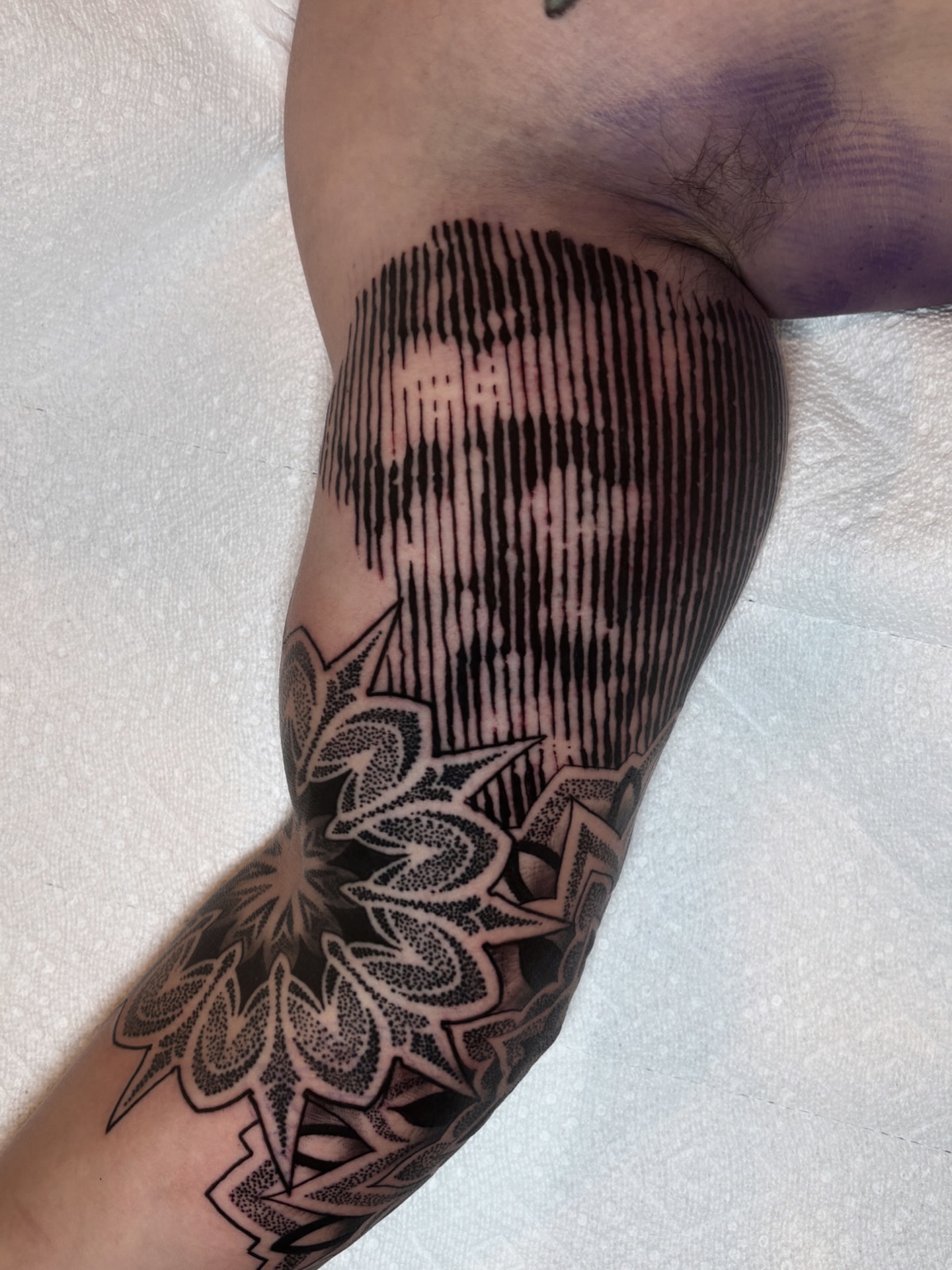 Abstract geometric pattern dotwork tattoo on the forearm by Tony Lucero, Wheat Ridge, Colorado