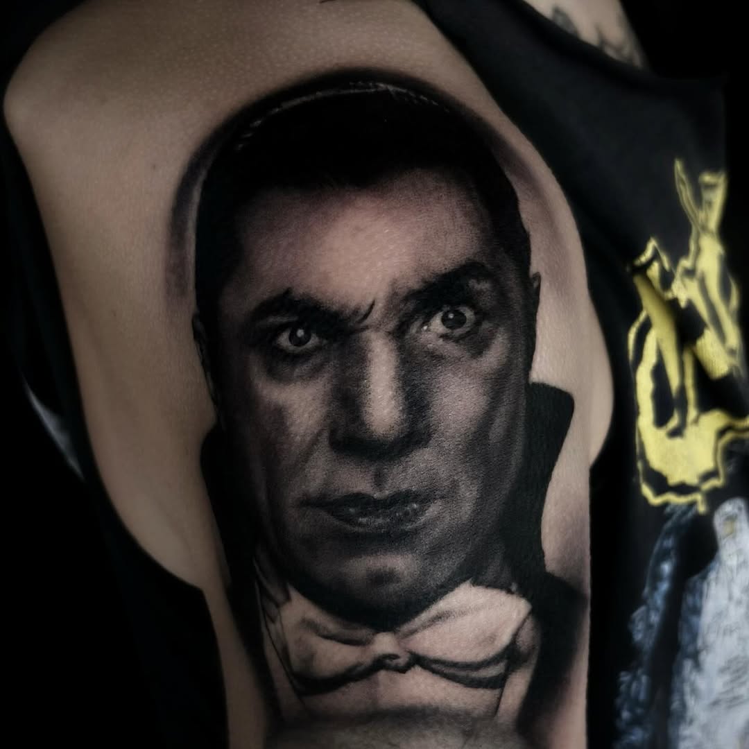 Bela Lugosi as Dracula portrait realism tattoo on the shoulder by 𝖎 𝖆𝖒 𝖗𝖔𝖙𝖙𝖎𝖓𝖌 𝖜𝖎𝖙𝖍 𝖞𝖔𝖚