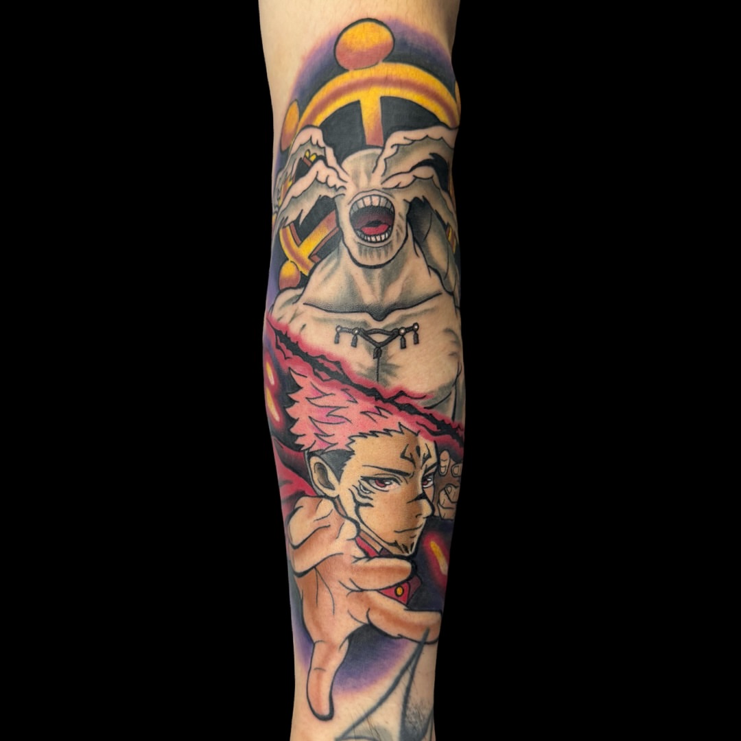 Demon and child American traditional tattoo on the forearm by Victor Campos