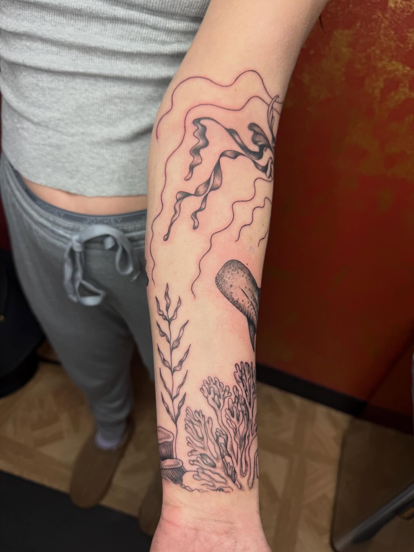 Underwater scene black and grey tattoo on the forearm by Imani