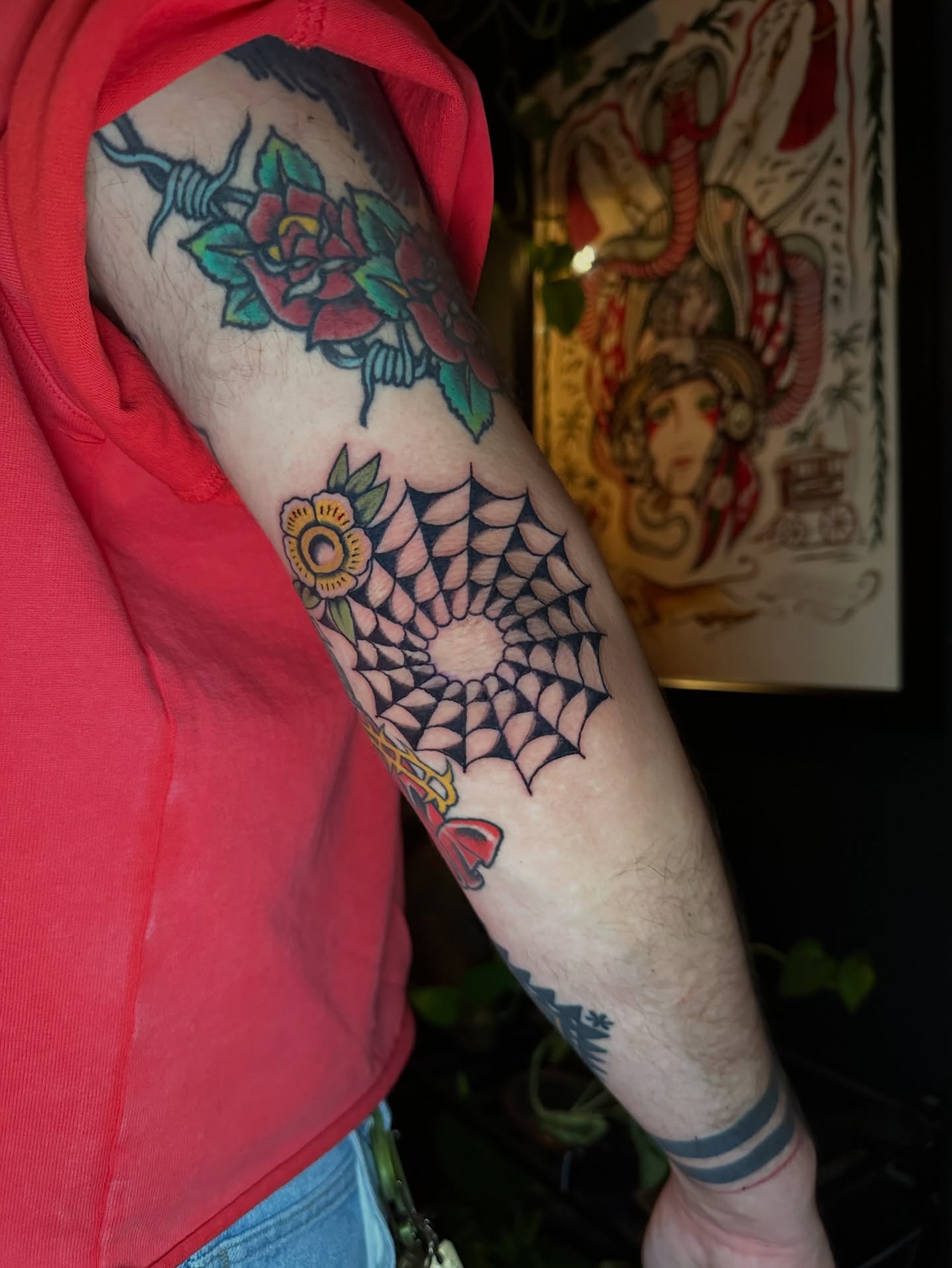 Flower mandala American traditional tattoo on the forearm by Max Peterson