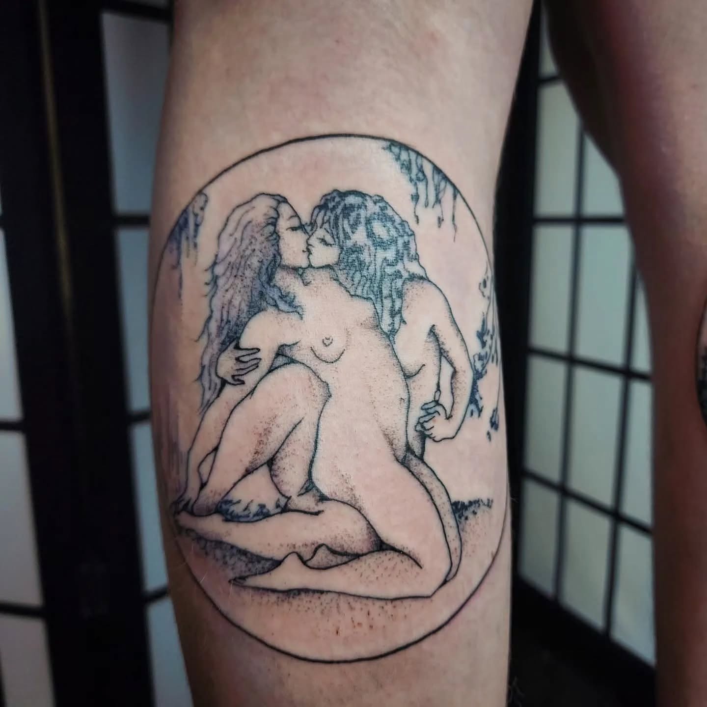Angels kissing dotwork tattoo on the forearm by julian