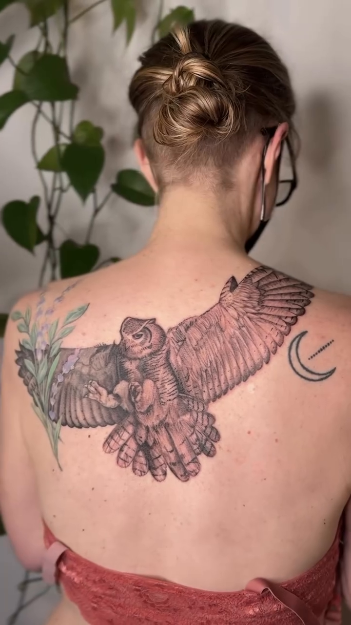 Owl with roses and moon realism tattoo by Jasmine, Lynnwood, Washington