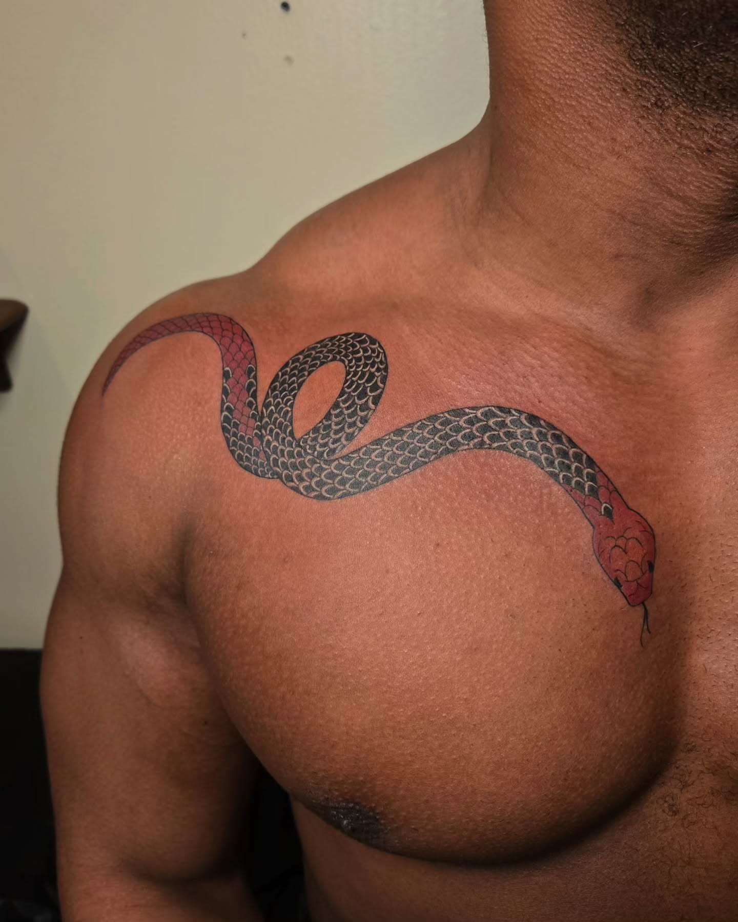 Snake black and grey tattoo on the shoulder by jo(rdan)