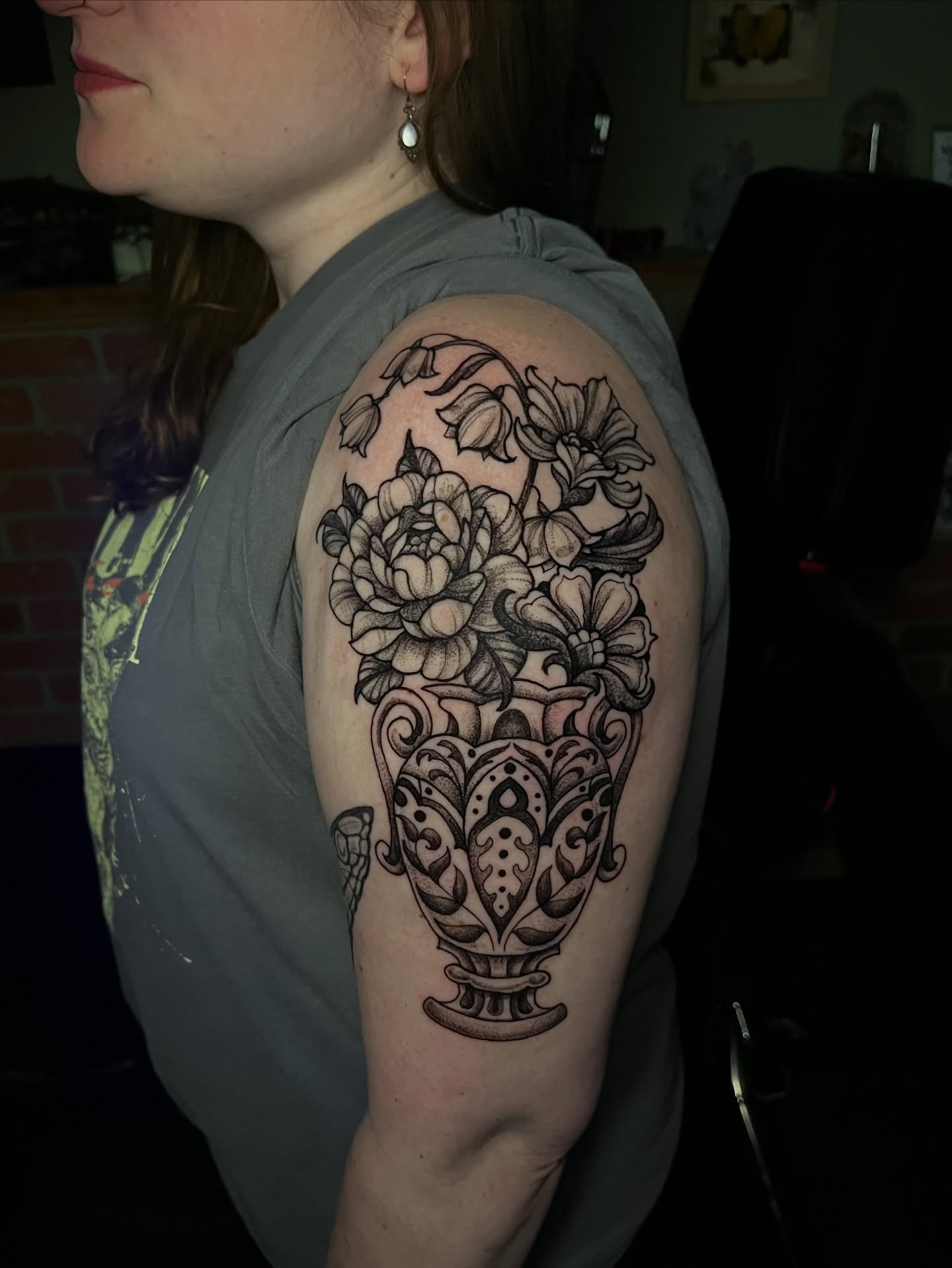 Tattoo by @ladymonsterfacetattoos — black_and_grey