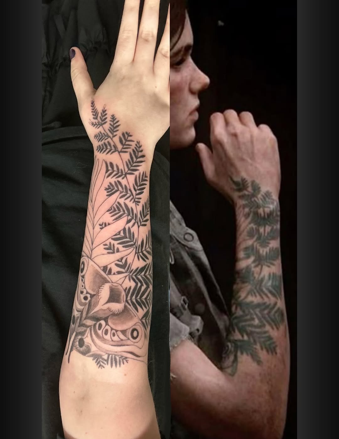 Fern and moth ornamental tattoo on the forearm by Isaac Mccavitt