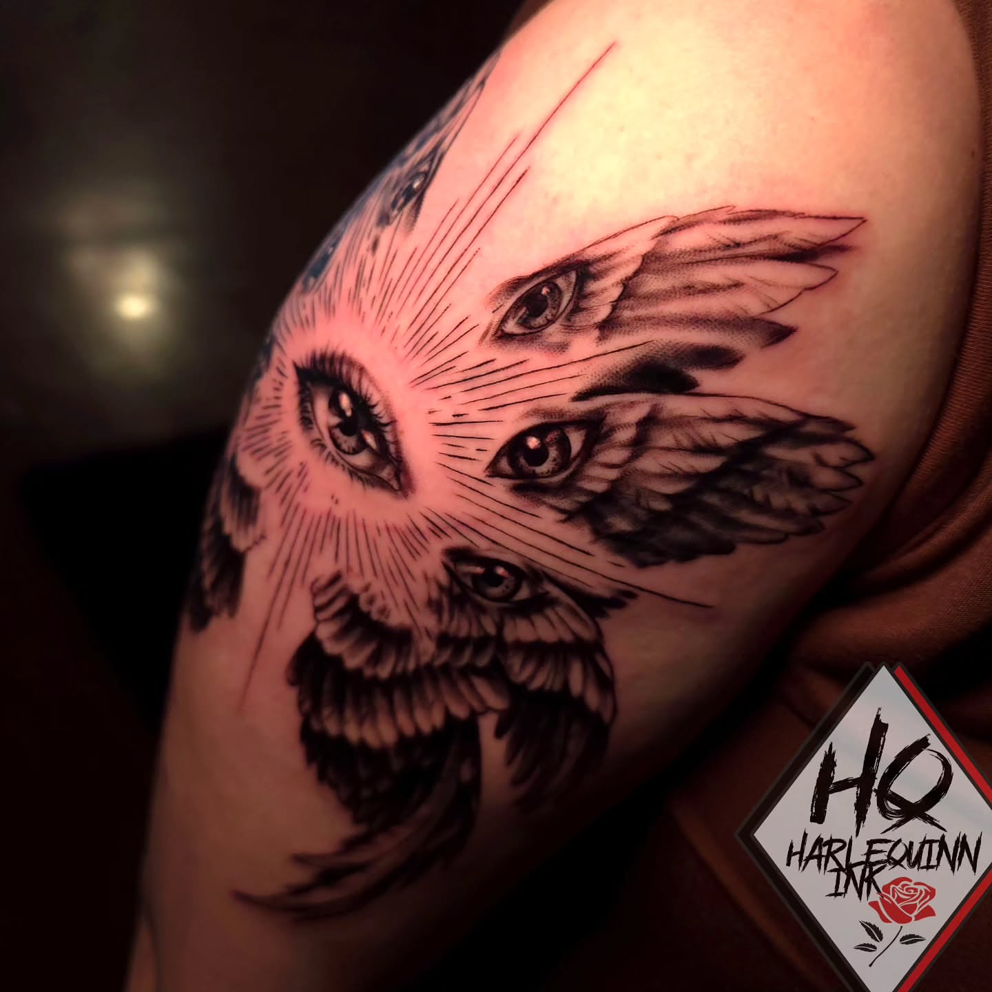 Owl realism tattoo on the shoulder by HarleQuinn_Ink