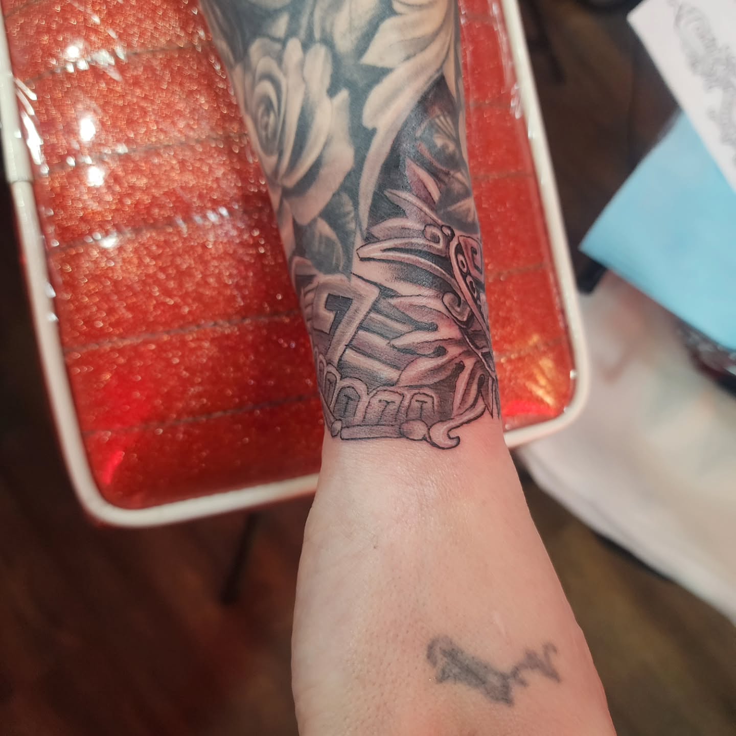Ancient warrior neo-traditional tattoo on the forearm by Joe Garcia