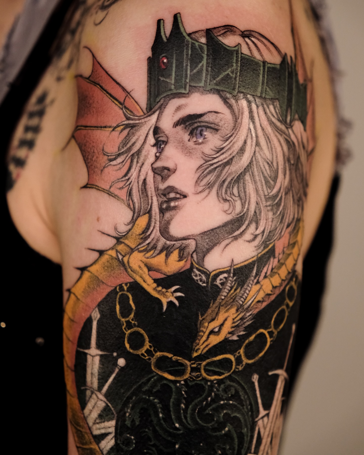 Female warrior with dragon realism tattoo on the forearm by Hemi 혜미타투