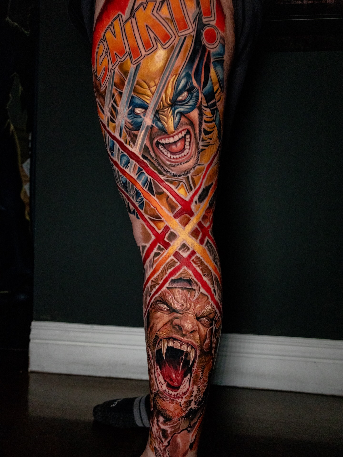 Wolverine realism tattoo on the leg by Dave James