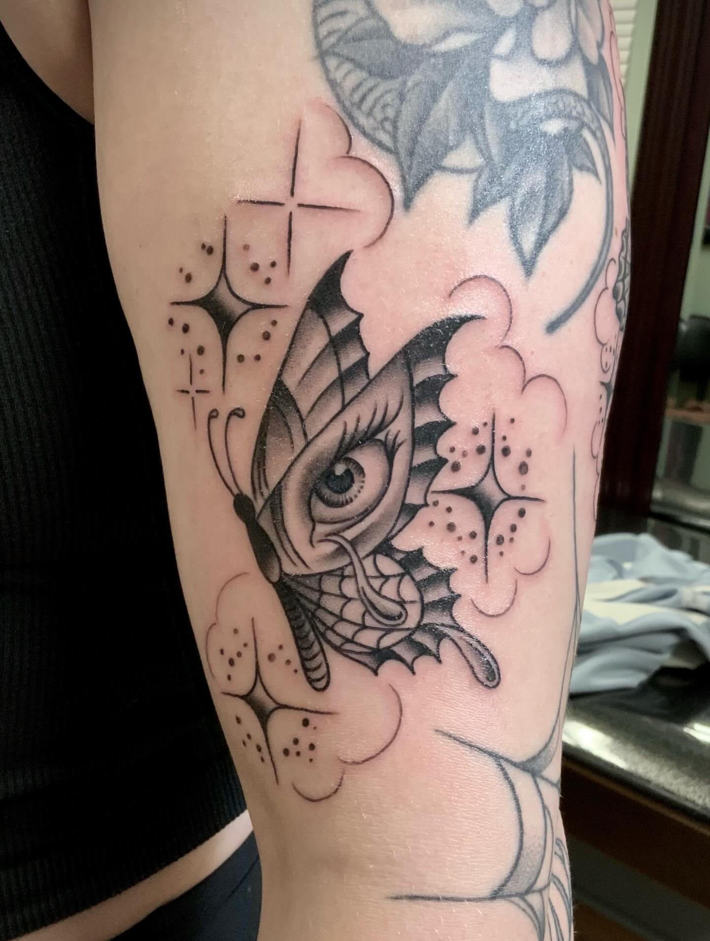 Eye and dragon American traditional tattoo on the forearm by Micheal McGlinchey