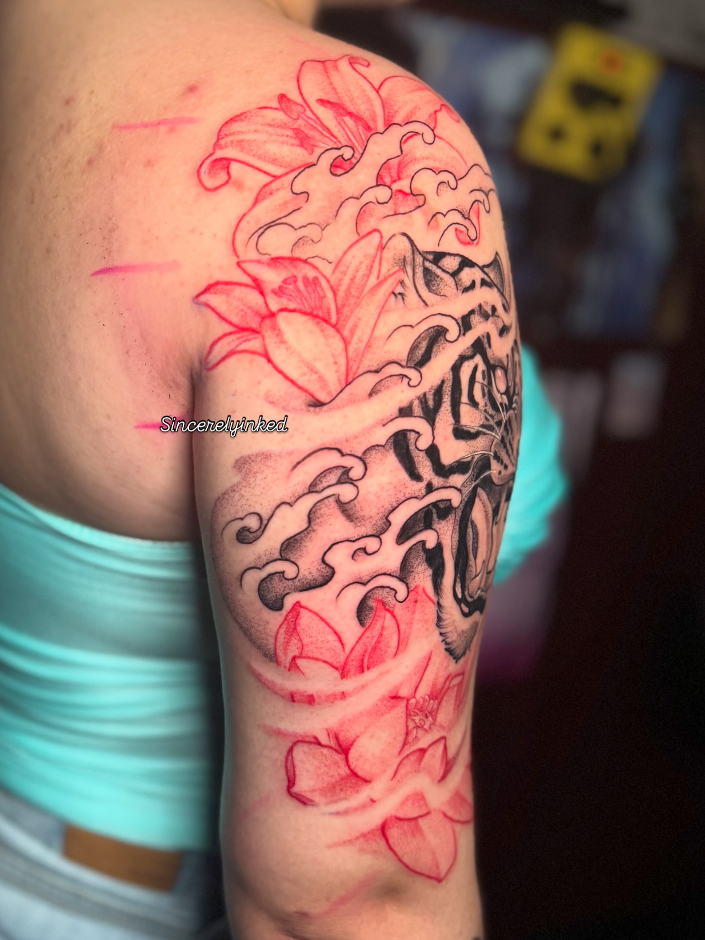 Tattoo by @sincerelyinked — japanese_irezumi, dotwork